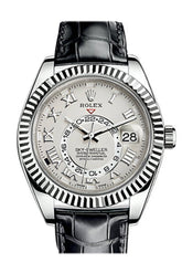 Rolex Sky Dweller Ivory Dial 18K White Gold Black Leather Strap Mens Watch 326139